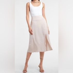 Express High Waisted Satin Front Slit Midi Slip Skirt